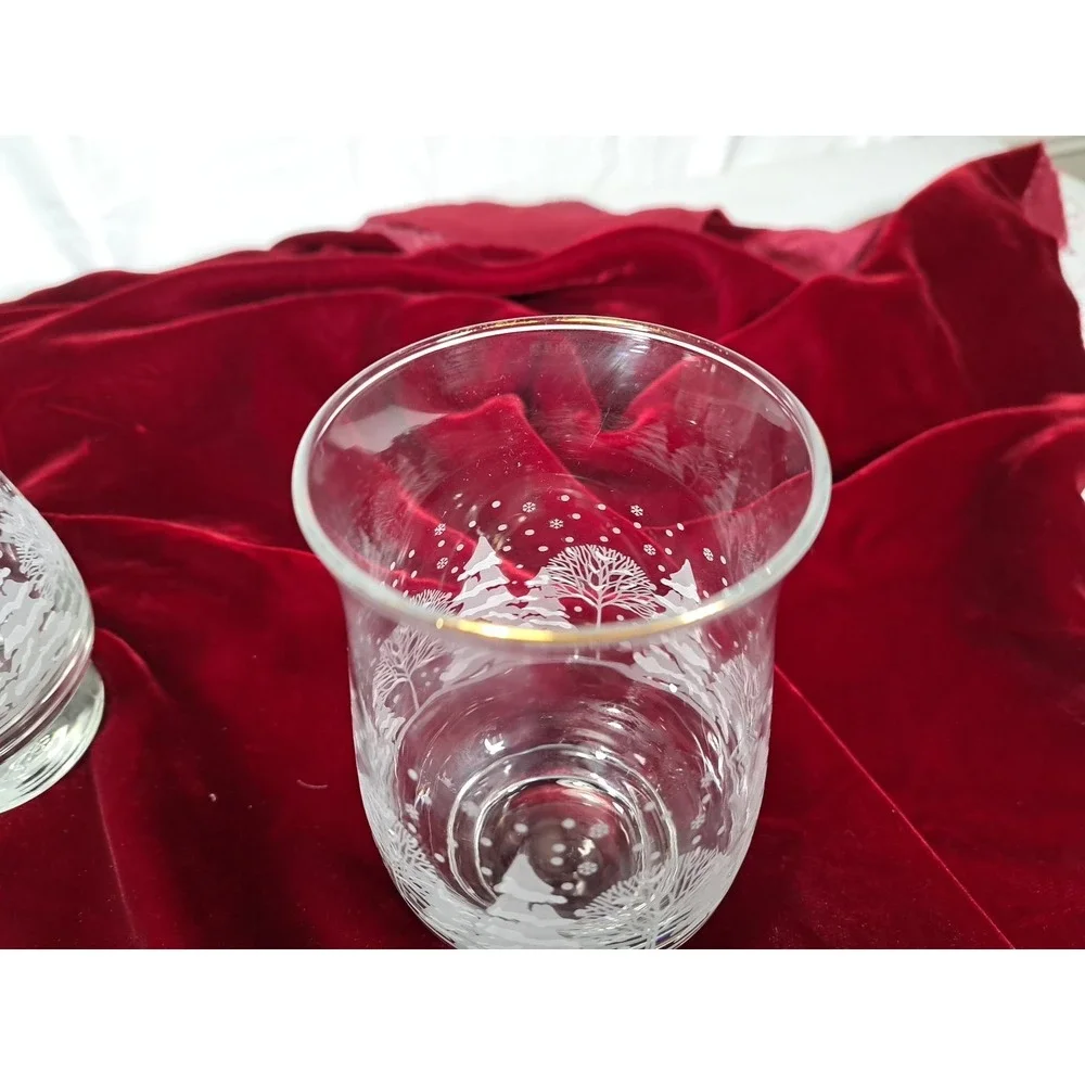 Set of 3 Winter Forest Frosted Glass Votive Candle Holders Gold Rim Christmas